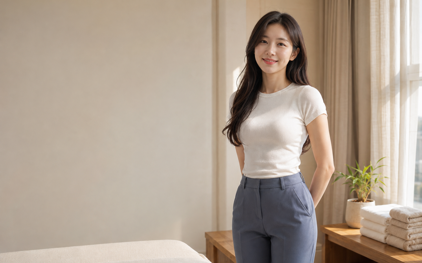인천 강화군 방문 홈케어를 안내하는 젊은 성인 한국 여성 관리사